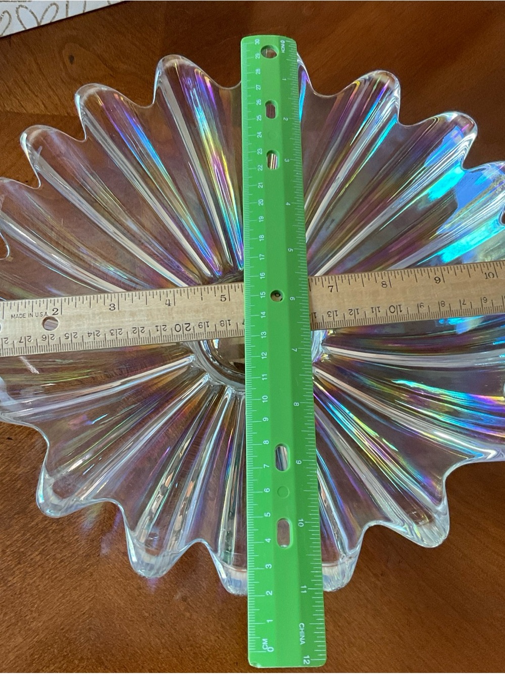 VTG 11” Federal Glass Celestial Iridescent Clear Glass Scalloped Ctr Piece Bowl - Picture 6 of 8